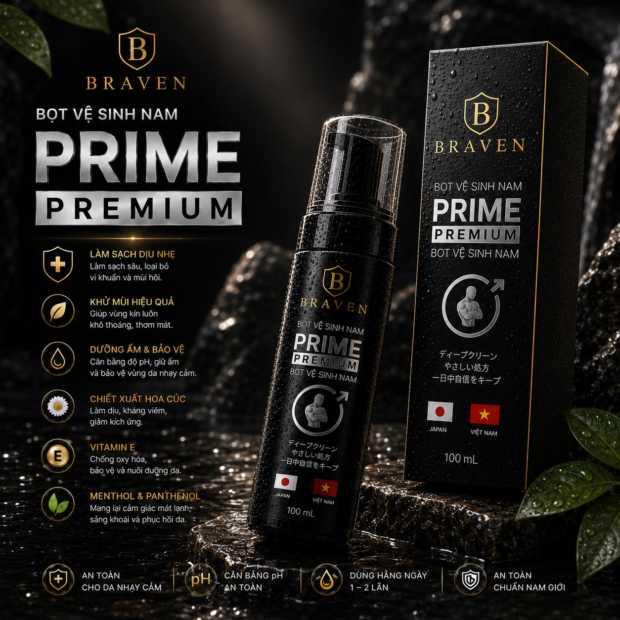 BRAVEN PRIME PREMIUM FOAM – Bọt Vệ Sinh Nam Cao Cấp, Hương Premium Nam Tính, Sạch Thoáng Tự Tin